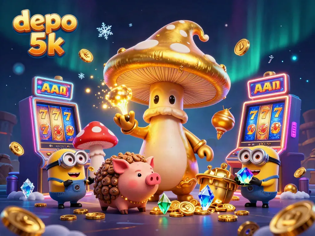 Experience the magic of depo 5k with enchanting characters and vibrant slot machines in a colorful casino world.