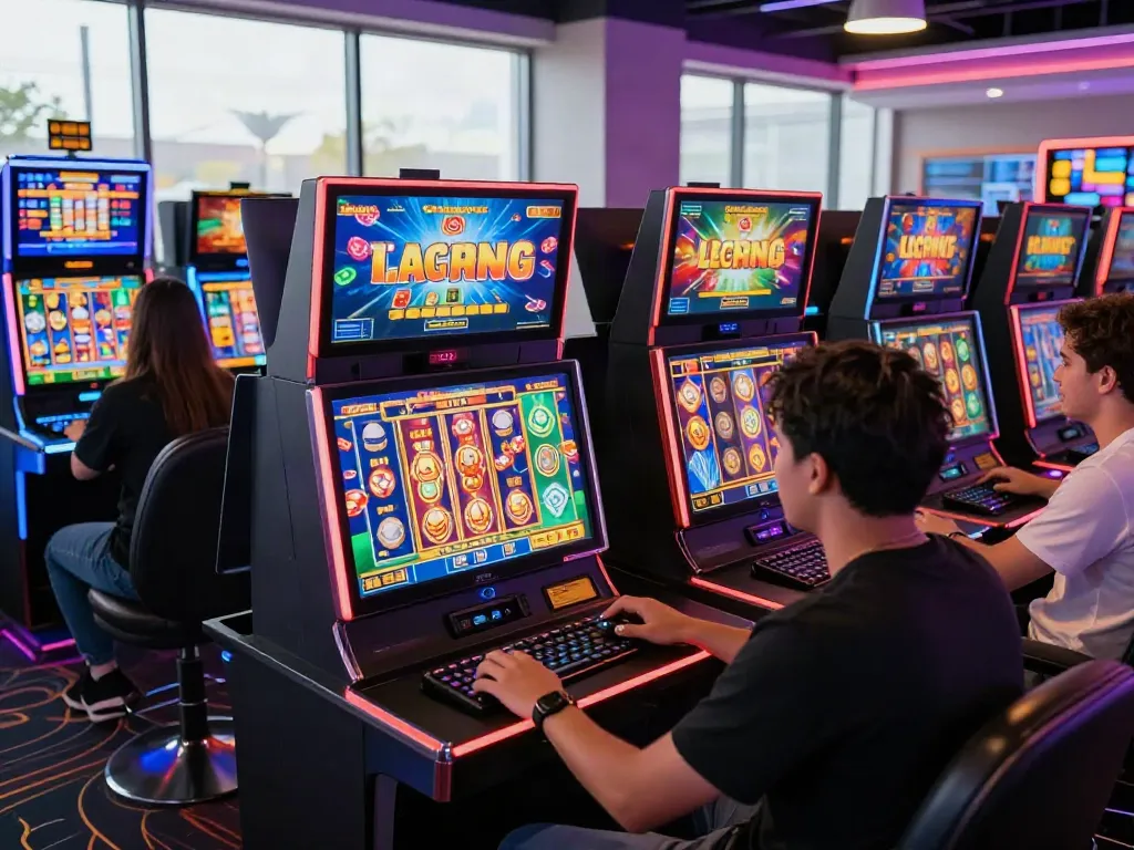 Exciting online slot gaming scene with players engaged on various devices in a vibrant casino setting.