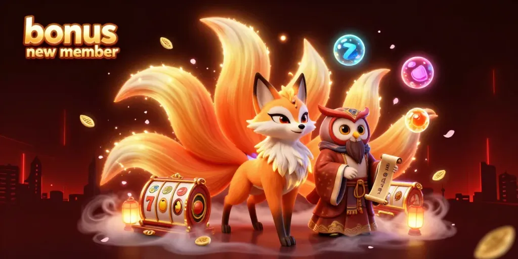 Engage with bonus new member offers in a vibrant casino scene showcasing a nine-tailed fox and characters symbolizing fun.