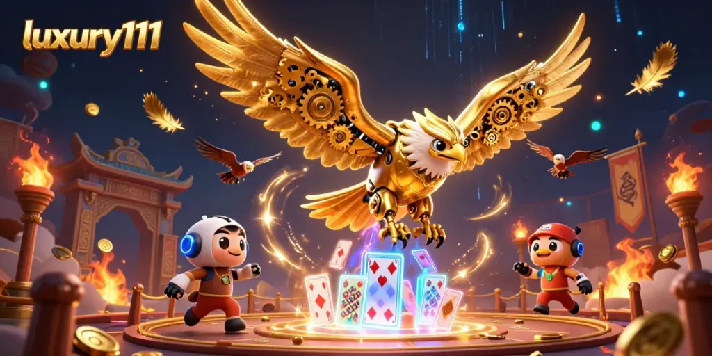 Experience excitement with luxury111, where a cybernetic golden eagle dives through a cascade of holographic playing cards.