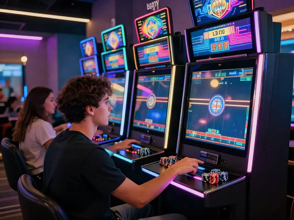 luxury12 player enjoying a vibrant slot gaming experience in a modern lounge.