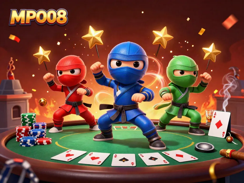 This vibrant scene showcases the MPO08 gaming atmosphere, with ninja chameleons and dynamic gambling elements enriching the experience.