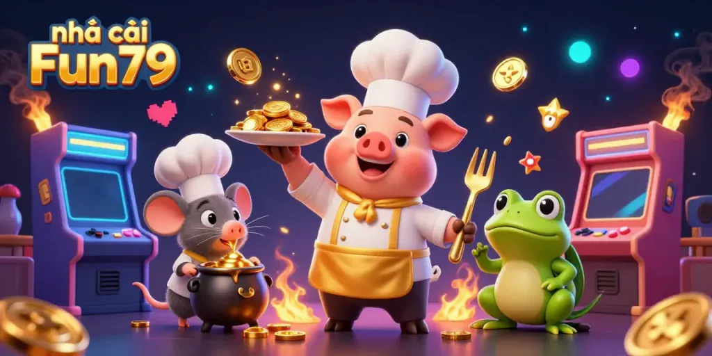 Experience the vibrant world of nhà cái Fun79 with animated characters and gold coins in a casino atmosphere.