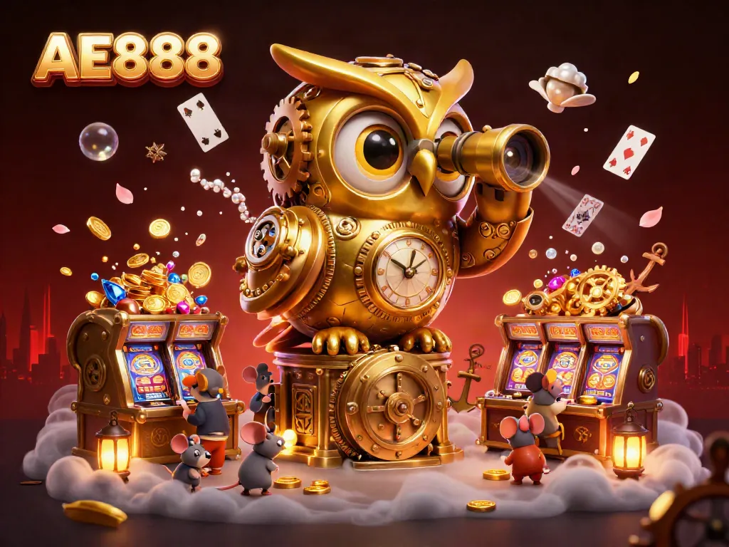 AE888 showcases dynamic slot elements with a golden owl monitoring the casino floor.
