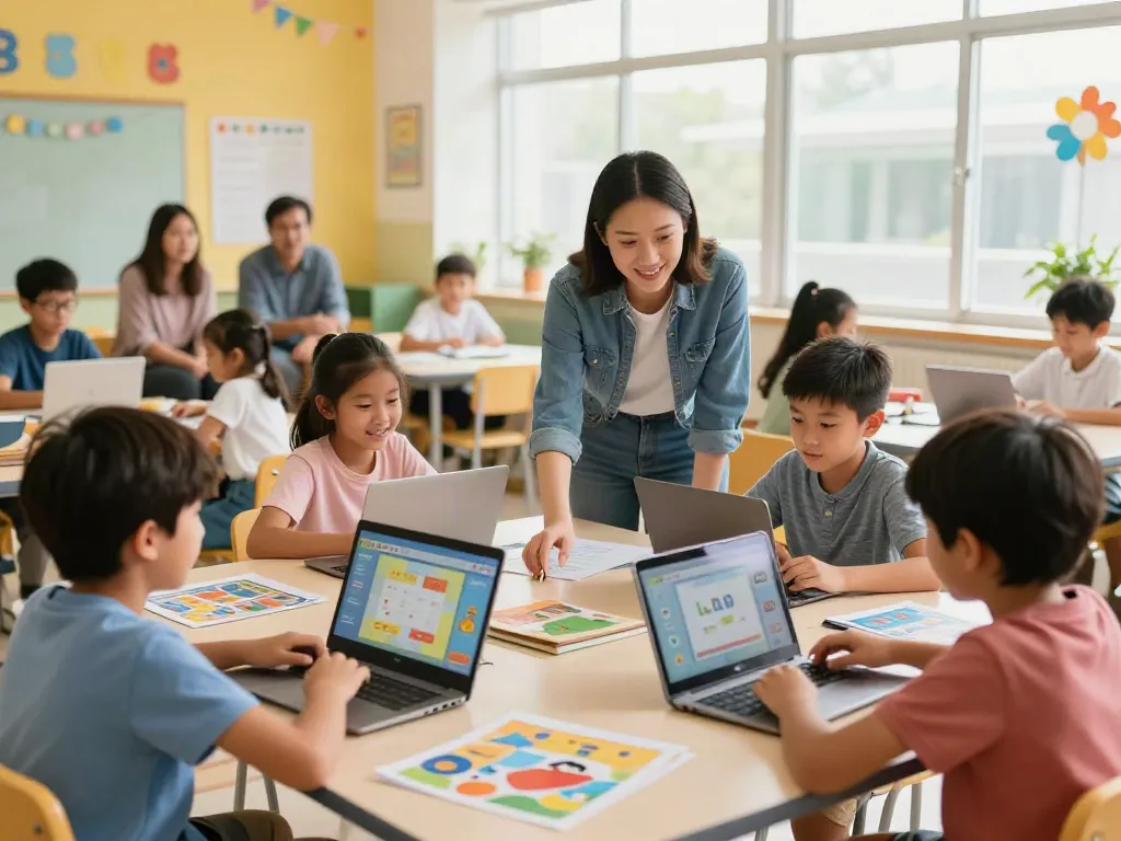 makmur77 platform edukasi memperlihatkan siswa antusias menggunakan tablet untuk belajar di kelas yang cerah.