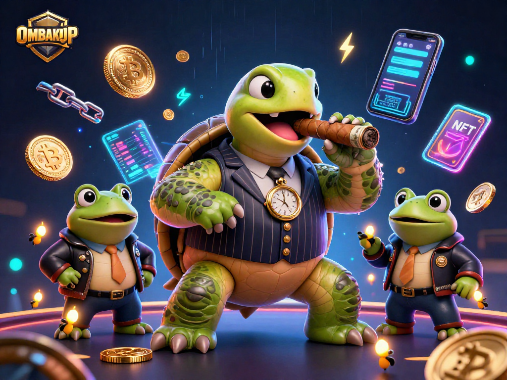 Engage with OMBAKJP's vibrant casino scene featuring a snapping turtle and bullfrog enforcers.