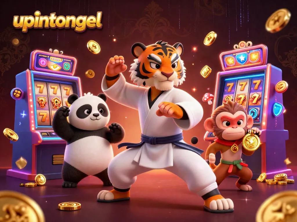 Menghadirkan keseruan upintogel dengan slot machines berputar dan simbol keberuntungan yang mengelilingi karakter profesional kasino.