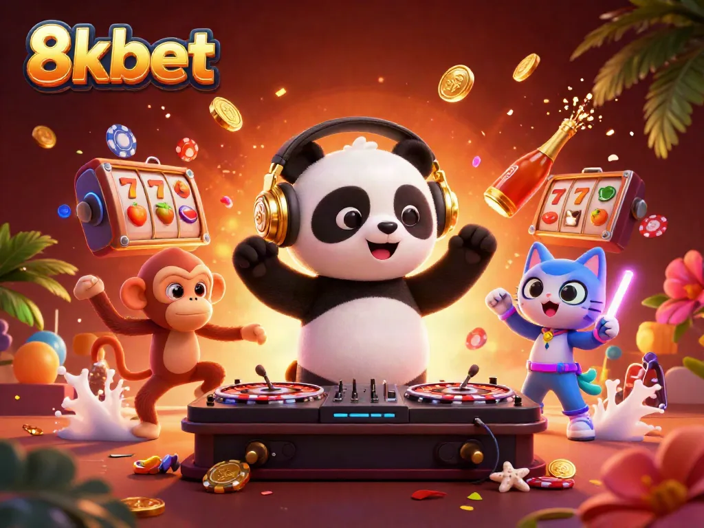 Experience excitement with 8xbet: dynamic casino scene featuring DJ panda, dancing monkey, and rave kitten.