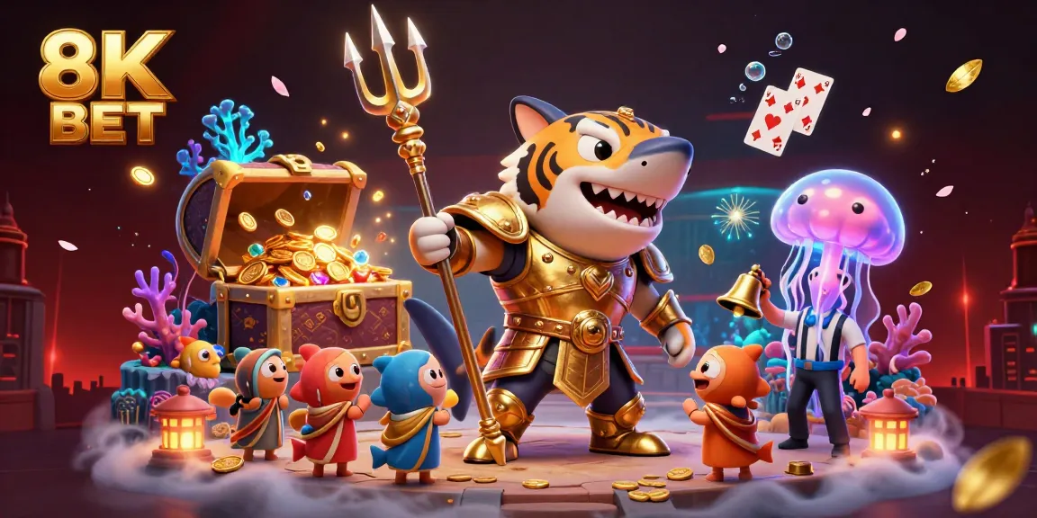 Engage in thrilling gameplay with 8K BET, featuring a captivating underwater scene with a gladiator shark and vibrant casino elements.