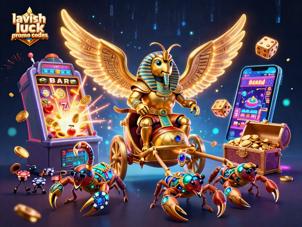 Spin the reels with lavish luck promo codes alongside vibrant casino-themed 3D elements.