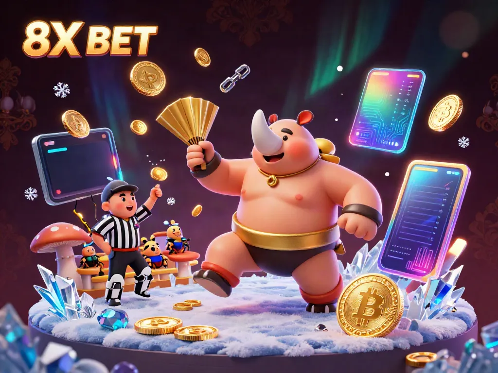 Experience the excitement of 8X BET with a dynamic scene featuring a sumo beetle champion and glowing crypto elements.