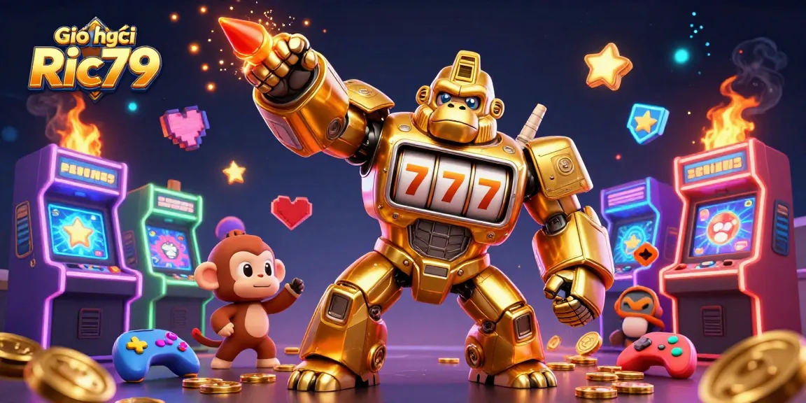 Experience Giới thiệu Ric79 with a dynamic illustration of a golden gorilla mech in a vibrant casino gaming scene.