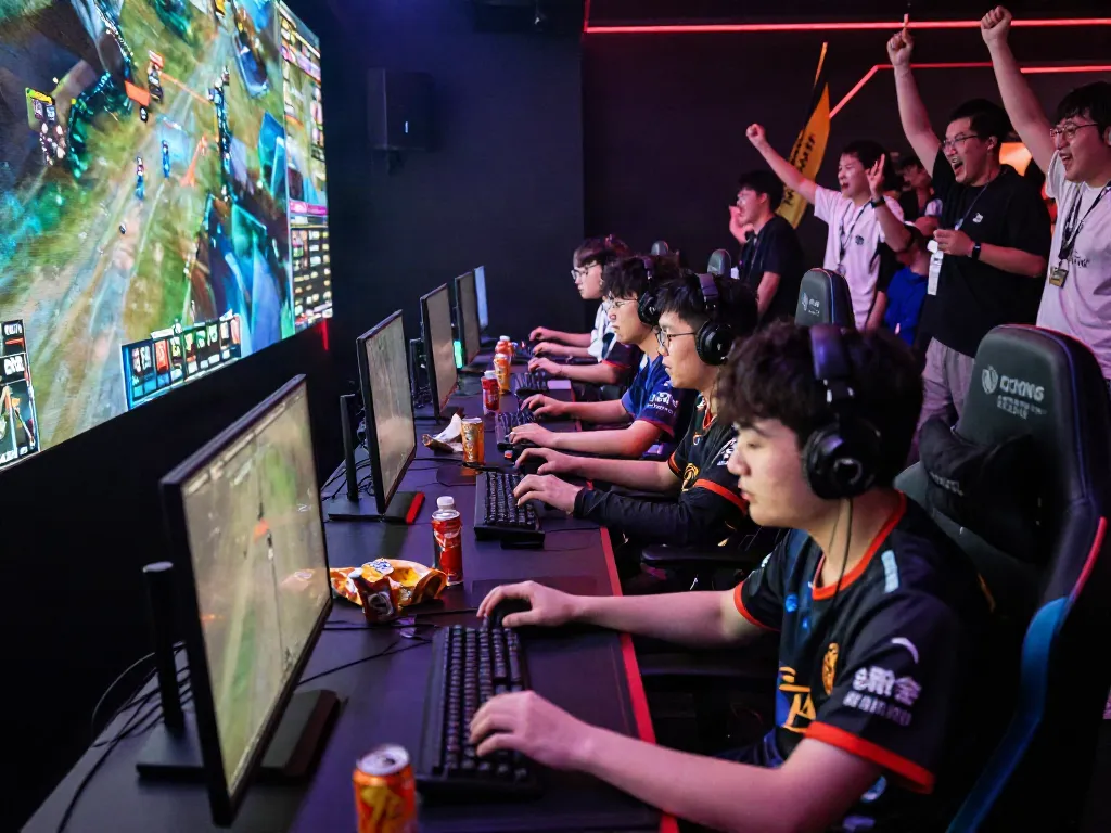 Situasi pertandingan esports di arena dengan pemain badak168 fokus dan penonton antusias.