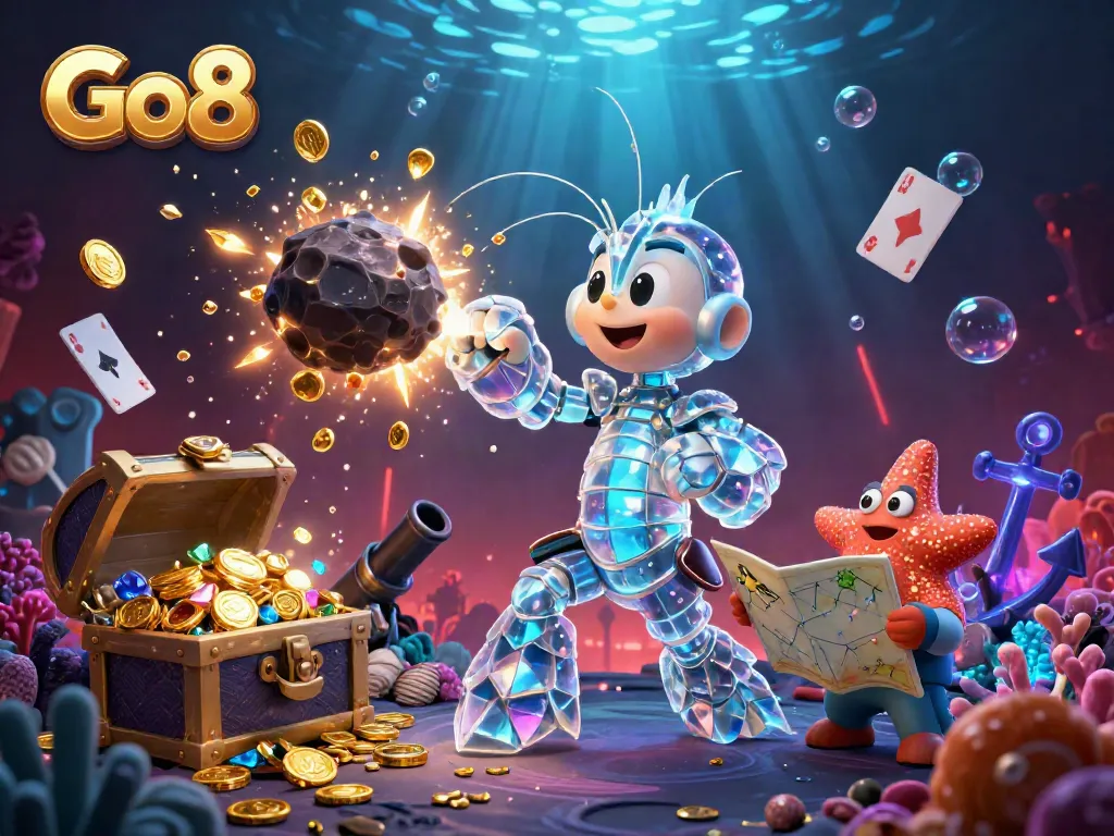 Go8 samurai mantis shrimp earning treasures from vibrant casino-themed underwater scene.