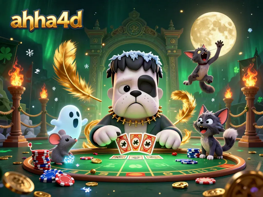 Experience the thrills of ahha4d with a 3D illustration of a Frankenstein bulldog dealing cards surrounded by vibrant casino elements.