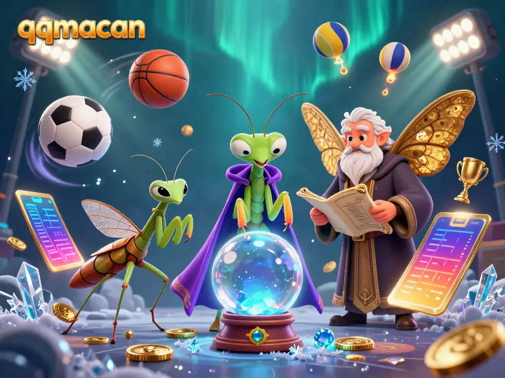 Engage with qqmacan in an enchanting scene featuring a fortune teller and a moth librarian, surrounded by sports elements.