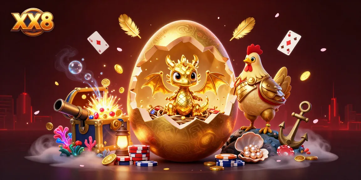 Experience the vibrant world of XX8 with a golden dragon and poker chips in an exciting online casino scene.