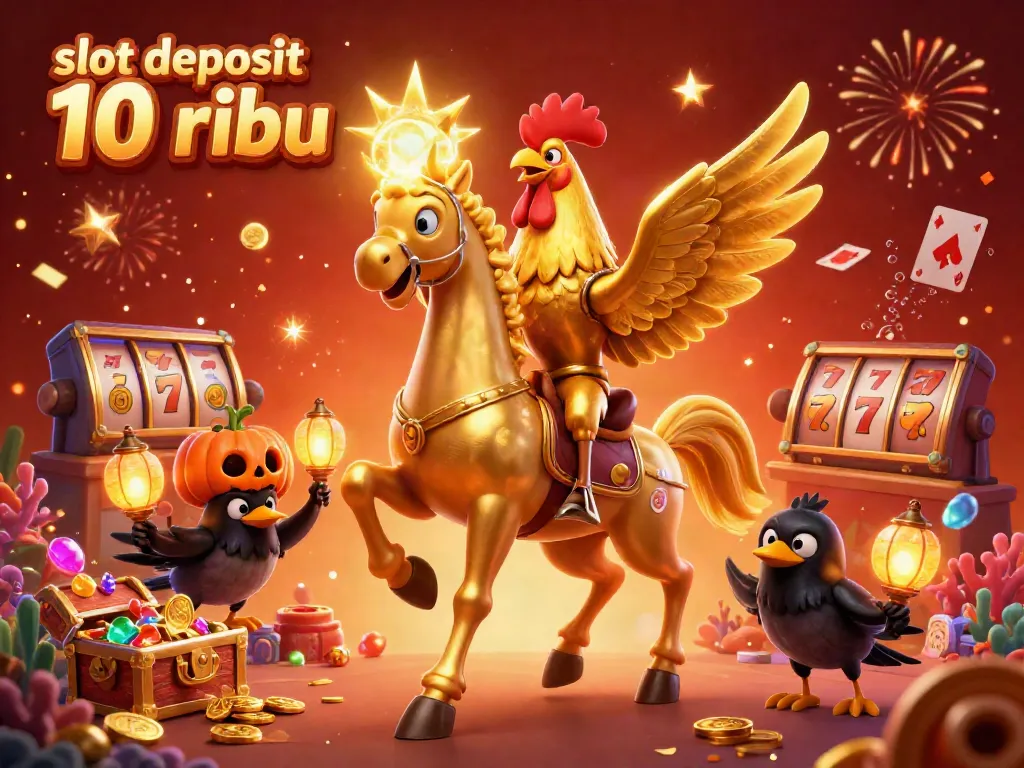 Experience the thrill of slot deposit 10 ribu with a dynamic 3D casino scene featuring a golden rooster and festive elements.