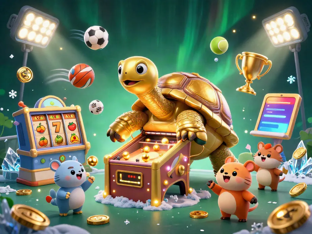 LIGALGO showcases a vibrant casino scene with a golden tortoise pinball machine and lively gameplay elements.