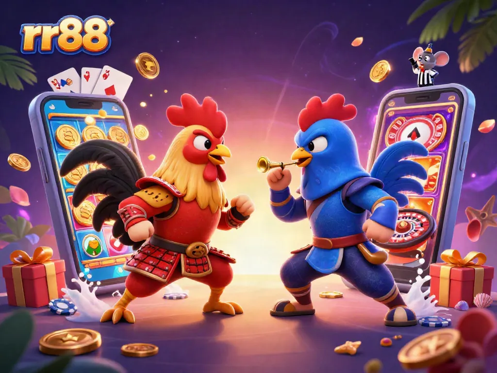 Engage with rr88's thrilling gameplay featuring dynamic rooster duel in a colorful casino setting.