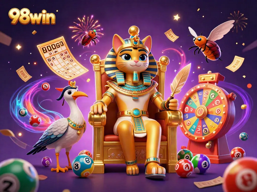 Experience the thrill of 98win with colorful lottery elements and symbols in a festive atmosphere.