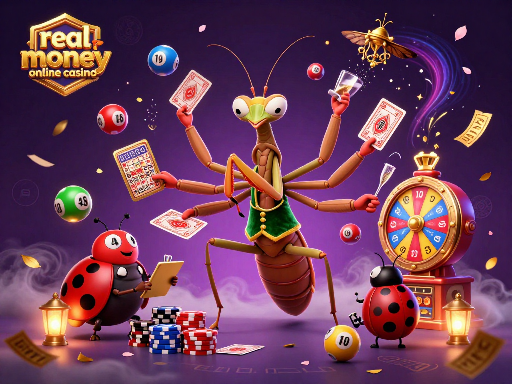 Engage with the thrilling experience of a real money online casino through a vibrant 3D illustration.