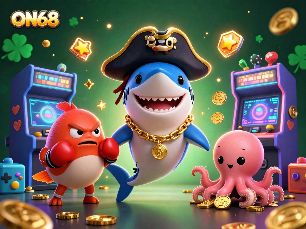 Engage with ON68's exciting games as a playful shark, pufferfish, and octopus explore a vibrant casino world.