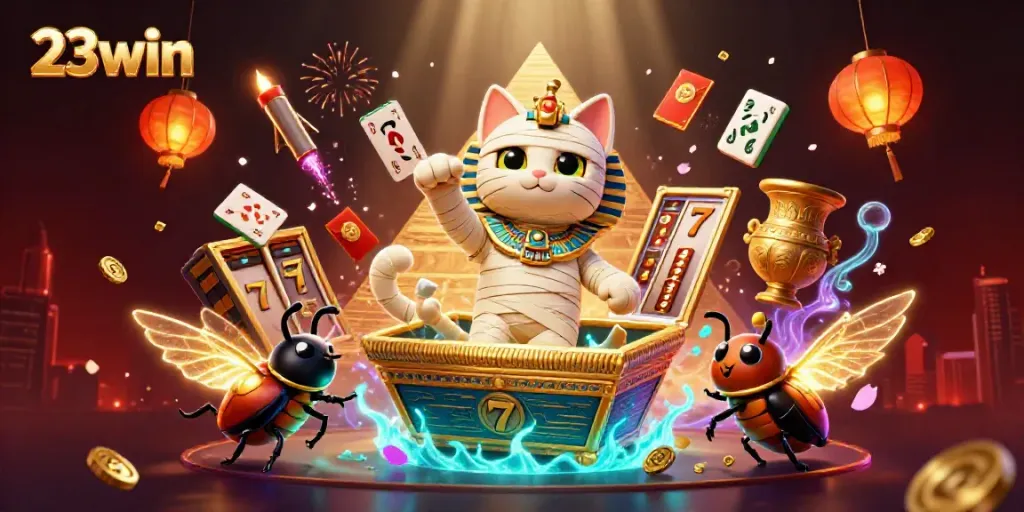 Experience the vibrant energy of 23win with a dynamic casino illustration featuring a mummy cat and lucky symbols.