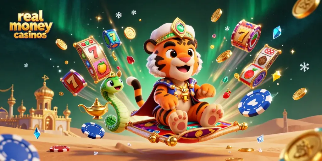 Engage with real money casinos featuring a vibrant 3D scene of a tiger sultan on a poker chip carpet amidst dynamic slot game elements.