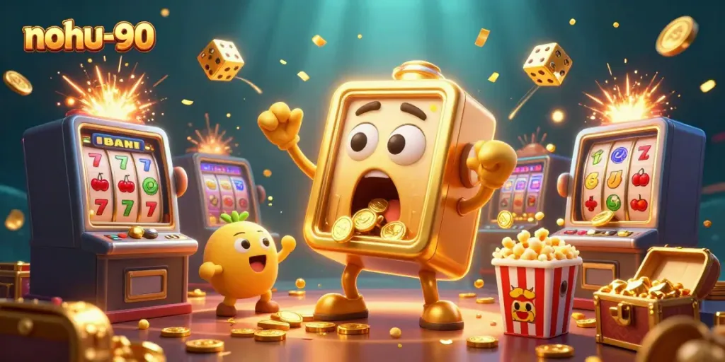 Experience big wins with nohu-90's animated jackpot celebration featuring vibrant slot machines and dazzling coins.