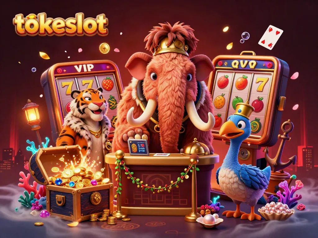 Tokeslot casino illustration featuring characters and vibrant slot game elements in a rich 3D scene.