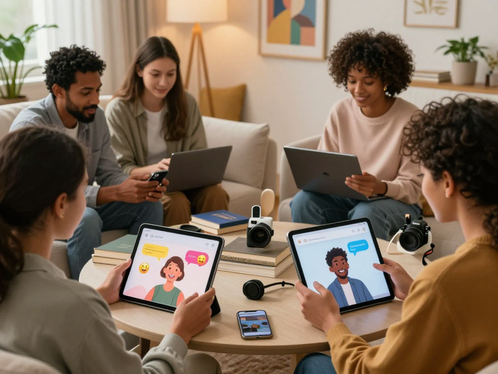 An engaging ai chat porn interaction scene with diverse users and colorful chat avatars in a cozy setting.