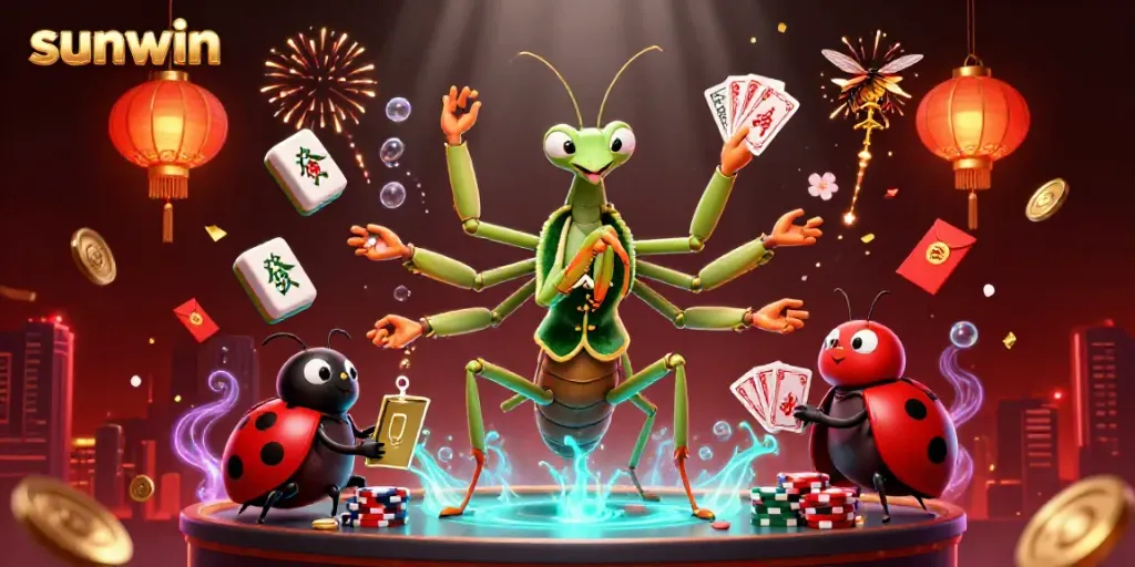 Experience exciting gameplay with sunwin, featuring a giant praying mantis card dealer, ladybug pit boss, and vibrant casino elements.