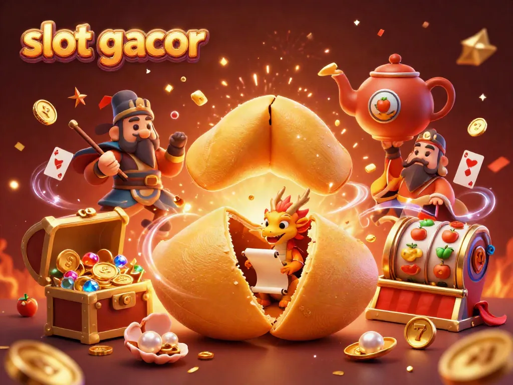 Experience exciting slot gacor gaming with a magical scene featuring golden fortune cookies, a wise dragon, and lively casino elements.