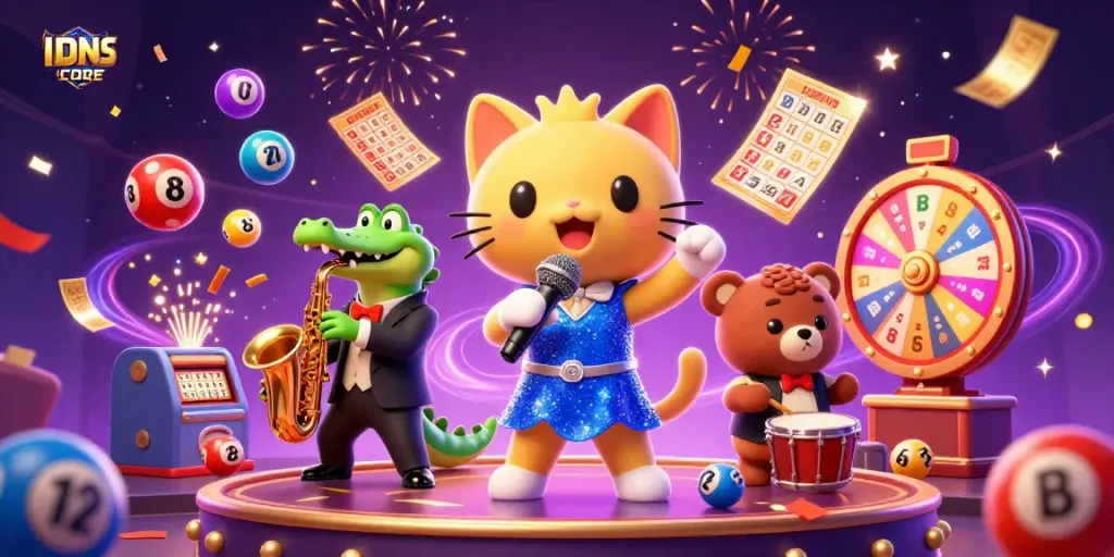 IDNSCORE showcases thrilling gambling moments in a vibrant 3D casino scene featuring animated characters.