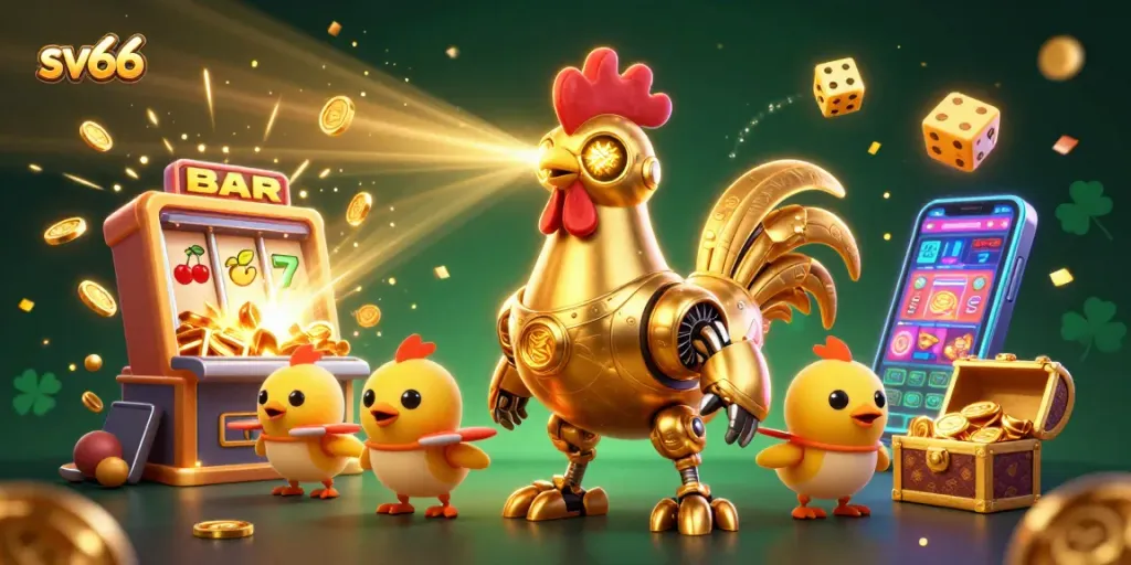 Engage in thrilling gameplay with sv66 as robots and drones animate a vibrant casino scene.