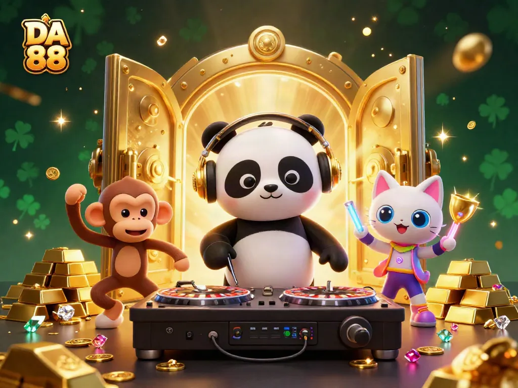 Engage in exciting gaming with DA 88's vibrant casino scene showcasing characters and sparkling treasures.