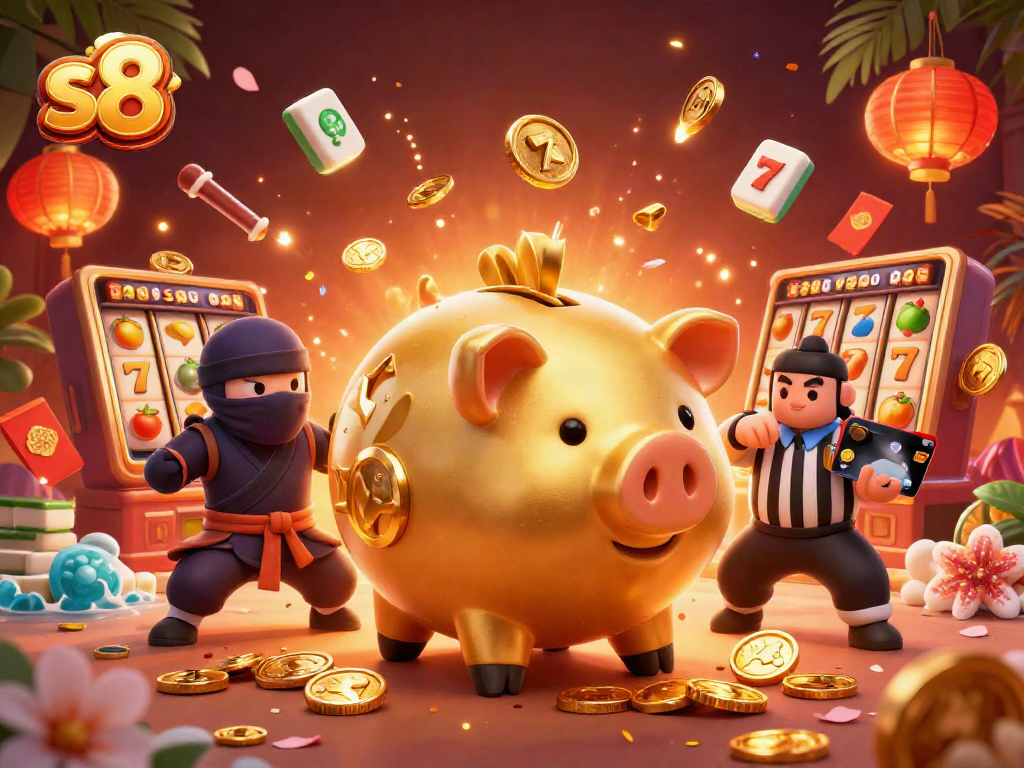 Engaging scene of s8-themed casino elements with a sumo wrestler, ninja, and referee.