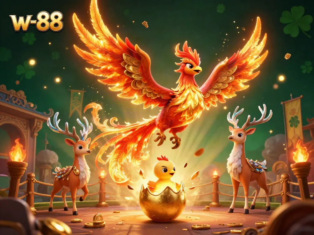 Experience thrilling gameplay at w-88 with vibrant 3D casino illustrations showcasing fire phoenixes and gold tokens.