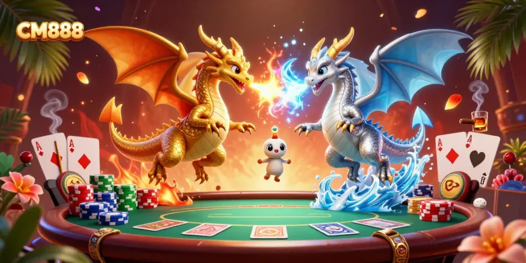 Experience thrilling action at CM888 with dual dragons breathing fire and ice in a lively poker scene.