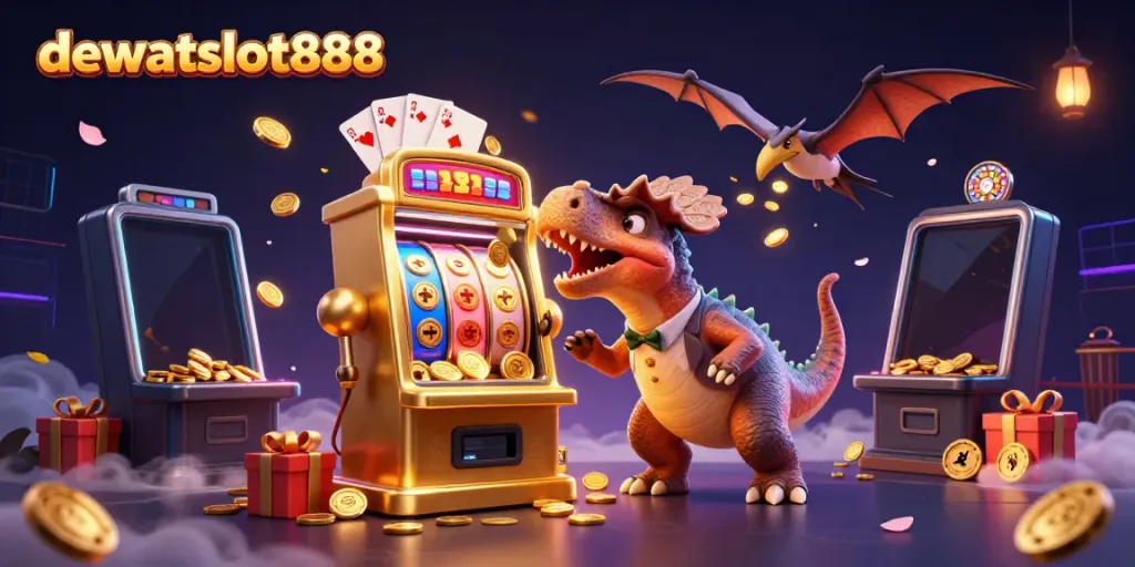 Permainan dewataslot888 penuh aksi dengan dinosaurus dan mesin slot menghasilkan koin jackpot.