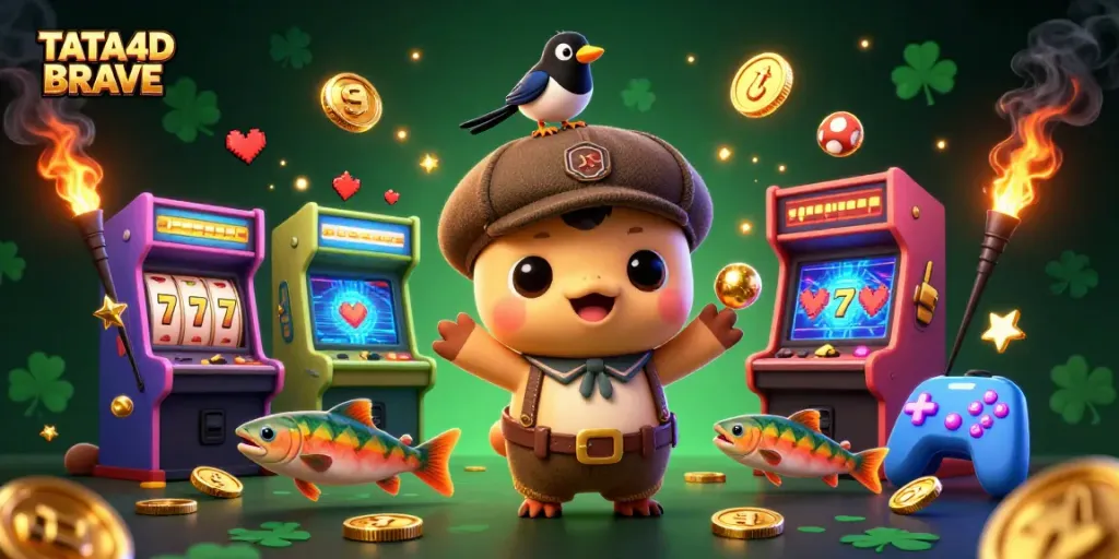 Engage with TATA4D BRAVE through this dynamic illustration showcasing exciting slot reels and playful characters.