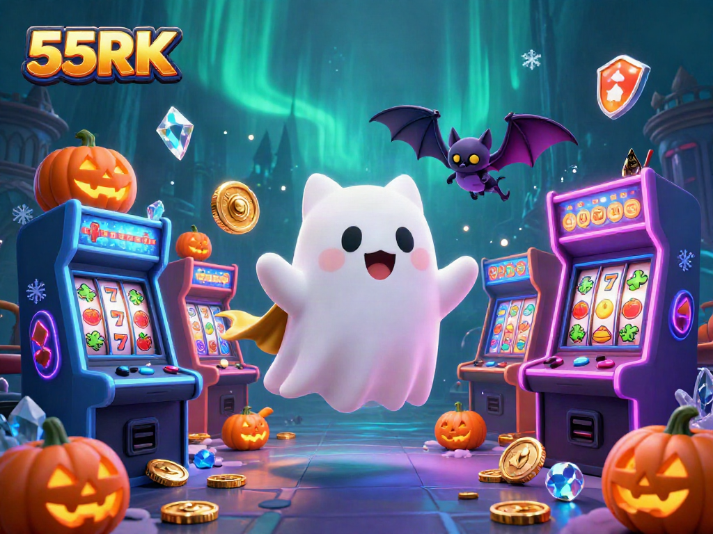 Engage with 55RK in a haunted casino scene with a ghost cat and a vampire bat.