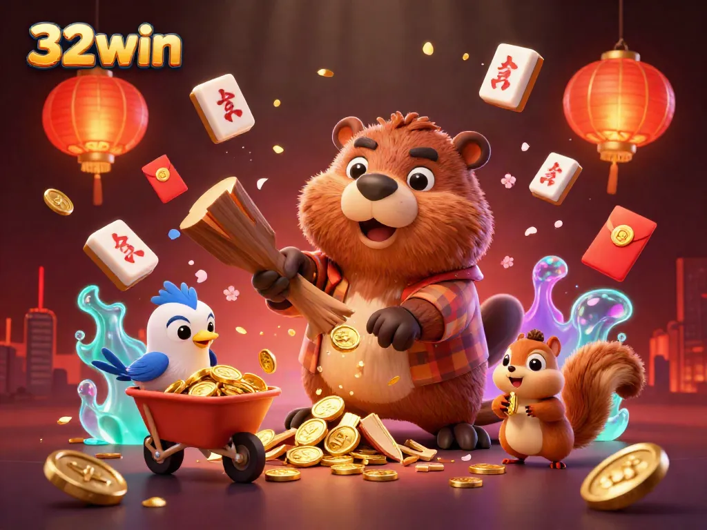 Experience thrilling gameplay with 32win, featuring vibrant 3D cartoon characters and dynamic casino elements.