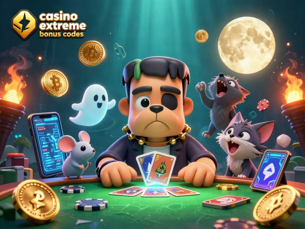 Engage with casino extreme bonus codes in a vibrant 3D casino monster scene full of crypto elements.
