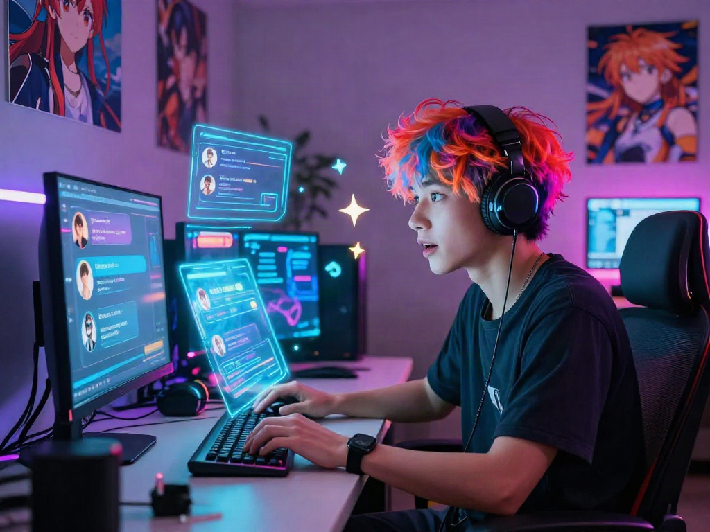 Engaging hentai ai chat character in a vibrant virtual environment with dynamic holographic chat options.
