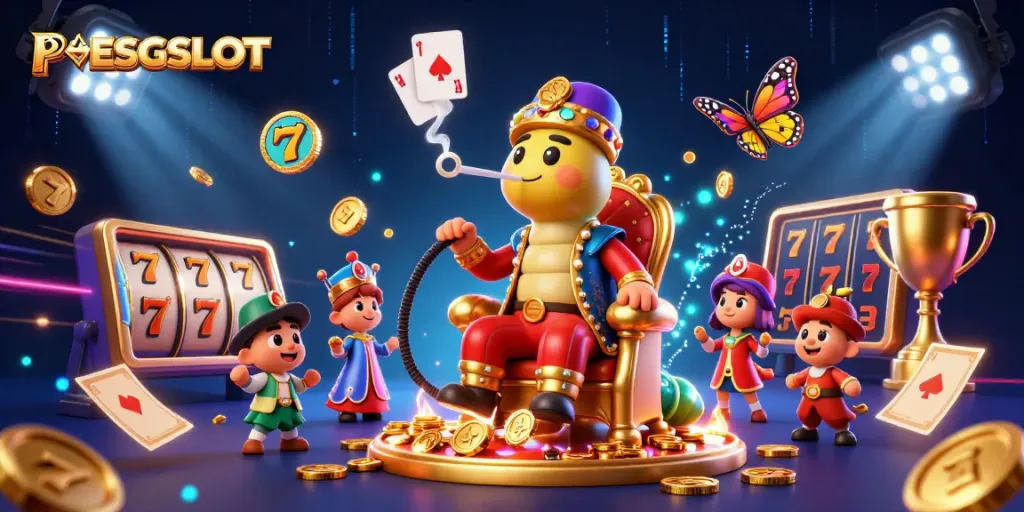 Experience PESGSLOT's exciting slot gameplay with vibrant 3D illustrations showcasing rich elements and actions.