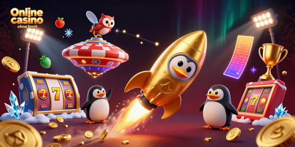 Experience an exciting online casino ohne limit scene with a golden penguin and vibrant gaming elements.