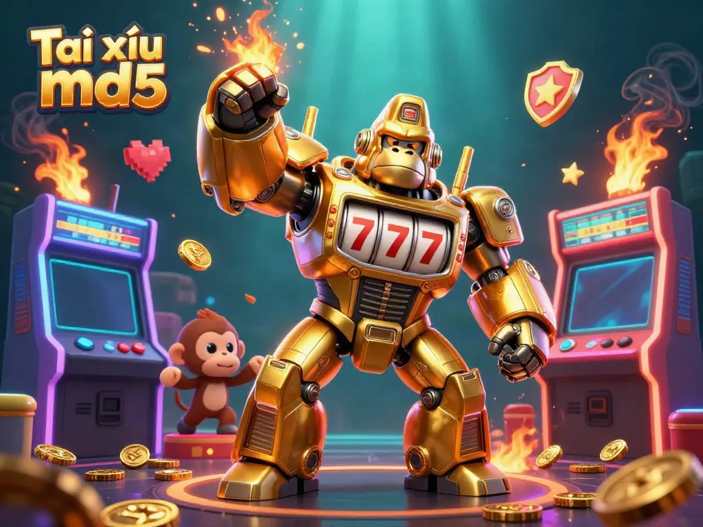 Engage in exciting Tài xỉu md5 action with a golden gorilla mech in a vibrant casino scene
