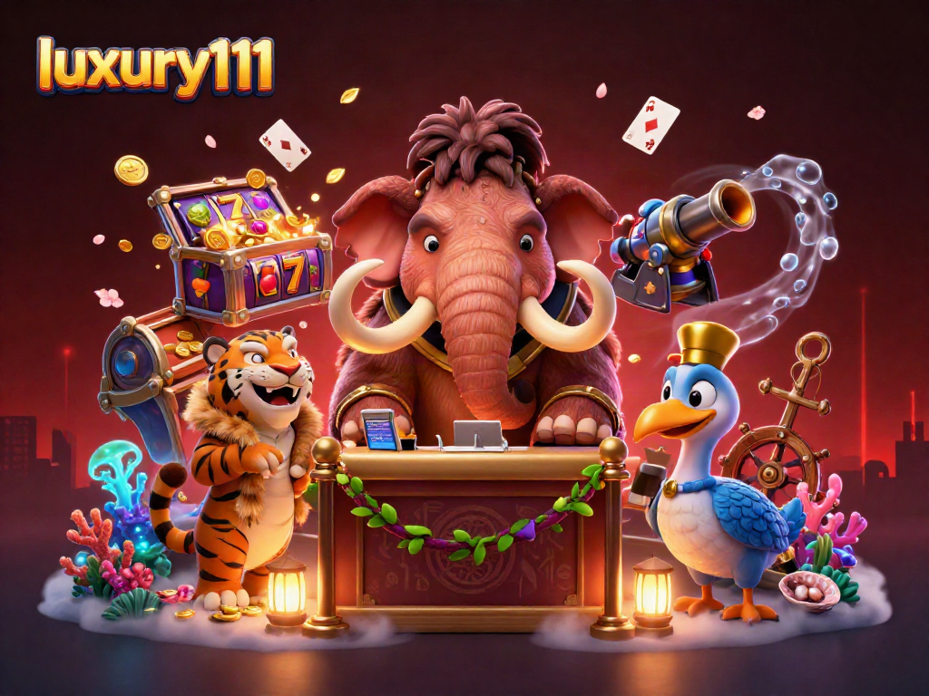 Experience the excitement of luxury111 with a vibrant 3D illustration of a woolly mammoth casino bouncer at a lively entrance.